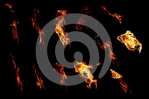 Set of isolated flames on black background