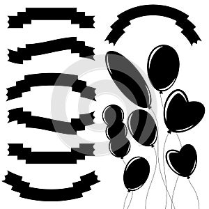 Set of isolated flat black ribbon banners and flying balloons of various shapes. On a white background. Suitable for design