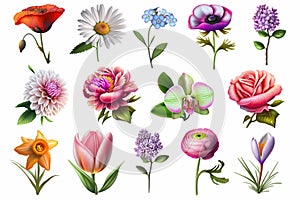 Set of isolated flower icons, floral design elements on white