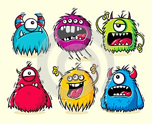 Set of isolated funny furry monsters