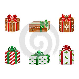 Set of isolated gift boxes shaped cakes. christmas gingerbread gift boxes.