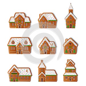 Set of isolated gingerbread houses and churches. christmas gingerbread cookies