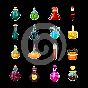 Set of isolated glass potions or magic bottles photo