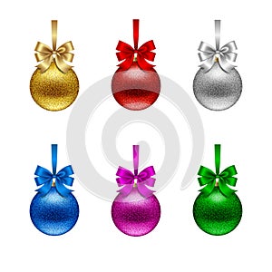 Set of isolated glitter christmas balls with bows
