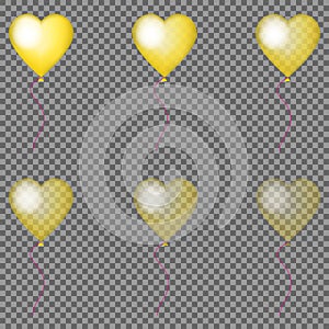 Set of isolated glossy golden transparent balloons with pink ribbon. Design for wedding, anniversary, Valentine`s day, party, card