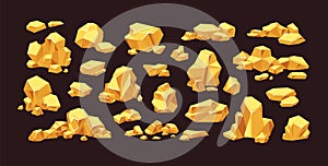 Set of isolated gold mine nuggets and rocks. Piles and heaps of golden gem stones. Solid jewels of natural shapes. Big