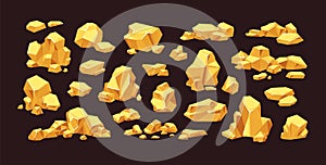 Set of isolated gold mine nuggets and rocks. Piles and heaps of golden gem stones. Solid jewels of natural shapes. Big photo