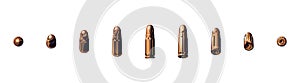 Set of isolated gold rotating cartridges with a bullet, 3d realistic cartoon, golden or brass on white background. Photorealistic