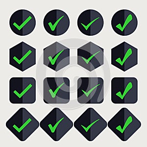Set of isolated green checkmarks in a black button.
