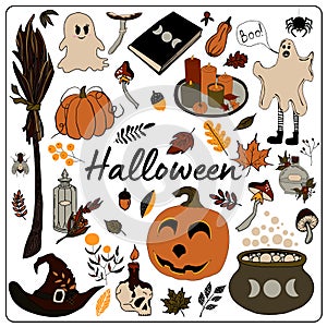 set of isolated halloween elements - vector illustration, eps . Doodle potion and wiccan symbols, pumpkin and skull , mushrooms