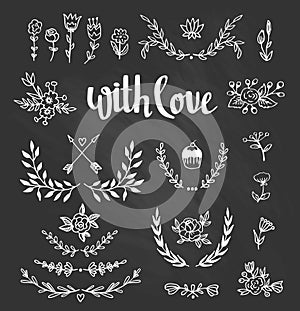 Set isolated hand drawn design elements with stylish lettering with love. Chalkboard set with laurels, wreaths, arrows photo