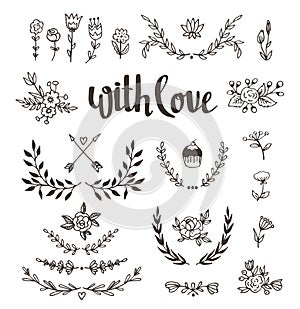 Set isolated hand drawn design elements with stylish lettering with love. Wedding, marriage, save the date, Valentine&