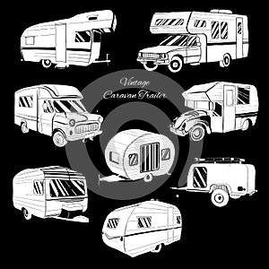 Set isolated Hand Drawn, doodle Camper trailer, car Recreation