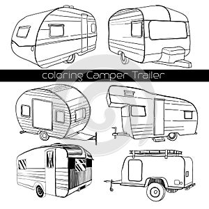 Set isolated Hand Drawn, doodle Camper trailer, car Recreation transport, Vehicles Camp Vans Caravans Lines Icons. Motor