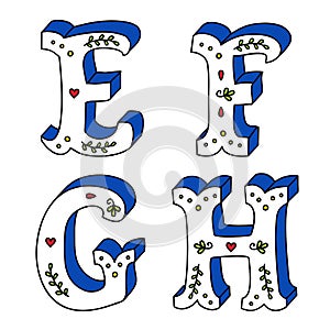 Set of isolated hand drawn letters with outline and floral ornaments