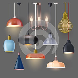 Set of isolated hanging chandelier or home lamp photo