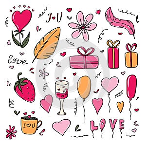 Set isolated illustrations for Valentine's Day. Heart, gift, love, balloons, flowers, strawberries. On white background