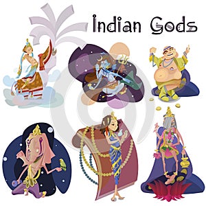 Set of isolated Indian Gods meditation in yoga poses lotus and Goddess hinduism religion, traditional asian culture