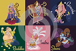 Set of isolated Indian Gods meditation in yoga poses lotus and Goddess hinduism religion, traditional asian culture