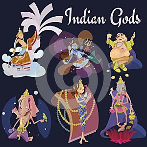 Set of isolated Indian Gods meditation in yoga poses lotus and Goddess hinduism religion, traditional asian culture