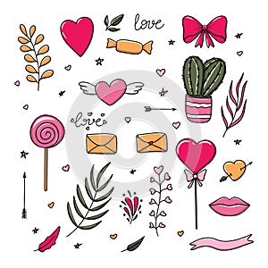 Set isolated isolated illustrations for Valentine's Day. Heart, candy, love, bow, floral ornament. On white background