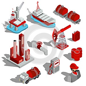 A set of isolated isometric illustrations, 3D icons of the oil industry.