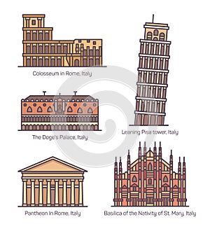 Set of isolated Italian famous landmarks. Italy