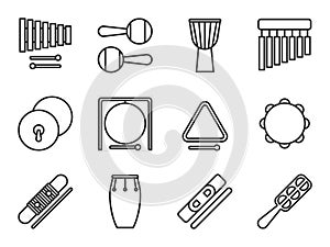 Set of isolated line icon. Percussion musical instrument. Black outline collection. Xylophone, maracas, djembe, chimes, cymbals, g