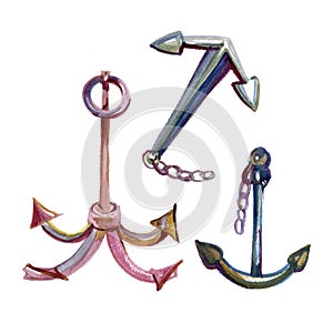 Set isolated of marine signs and elements hand drawn in watercolor. Anchors. Nautical symbols compilation.