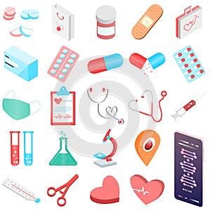 Set of isolated medical healthcare. Isometric icon for first aid kid tools, items of medical emergency box, thermometer, drug, pil