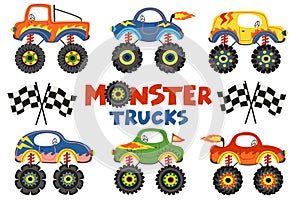 Set of isolated monster trucks