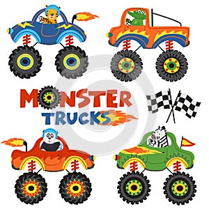 Set of isolated monster trucks with animals part 1