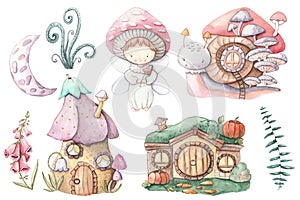Set of isolated mushroom fairy house illustration.Cute cartoon elven, fairy or gnome houses in the form of pumpkin, tree