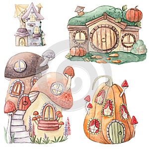 Set of isolated mushroom fairy house illustration.Cute cartoon elven, fairy or gnome houses in the form of pumpkin, tree