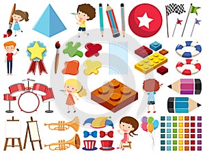 Set of isolated objects of kids and stationeries
