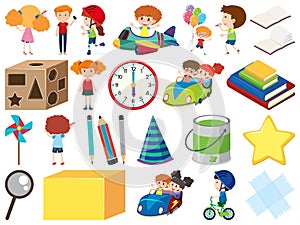 Set of isolated objects of kids and stationeries