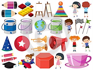 Set of isolated objects theme stationeries and kids photo