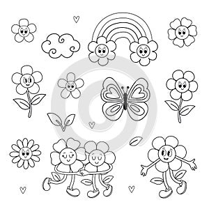 set of isolated outline cute rainbow, flower, butterfly