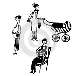 Set of isolated picture a pregnant woman, a woman with a child in a wheelchair and with a baby, hand drawn illustrat