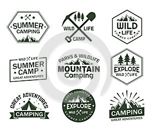 Set of isolated signs with mountains and trees