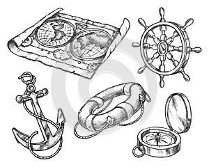 Set of isolated sketch of sea,ship, boat equipment