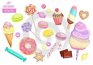 Set of isolated sweets on white background.