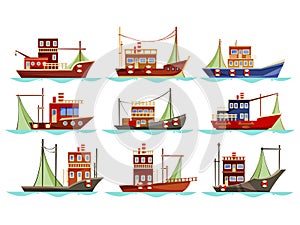 Set of isolated trawler or ship, boat for fishing