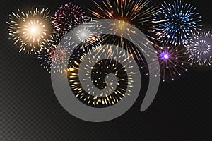 set of isolated vector fireworks on transparent background.