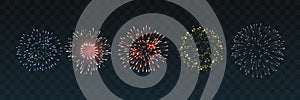 set of isolated vector fireworks on a transparent background.