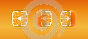 Set of isolated vector icons of square cut orange mandarin. 3D cartoon illustration of juicy ripe tangerine for citrus