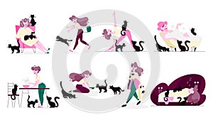 Set of isolated vector illustration of cat lover doing her daily