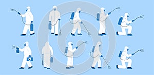 Set of isolated vector illustrations in flat style. No germs. Man, specialist, doctor in white hazmat suit, mask