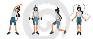 Set of isolated vector illustrations of physical activity, fitness training, gym workout with woman doing different sport