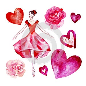 Set of isolated watercolor ballerina in a red scarlet dress, roses, hearts.